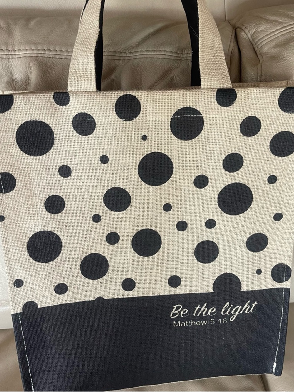 “Be the Light” Polka Dot Tote Bag in Black and Natural